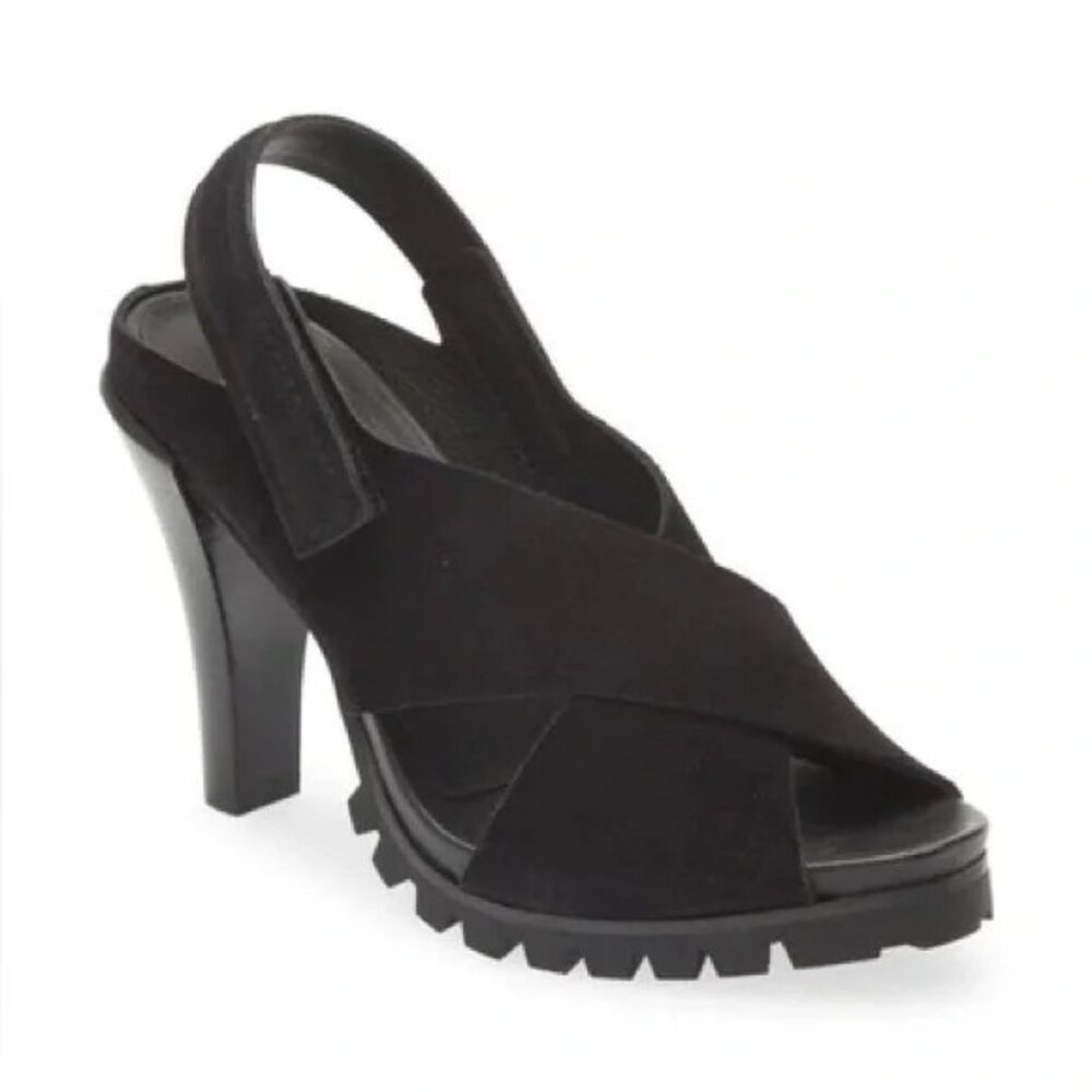 🆕 PEDRO GARCIA Yuval Slingback Peep Toe Lug Sole Heels Sandals Shoes Black 7